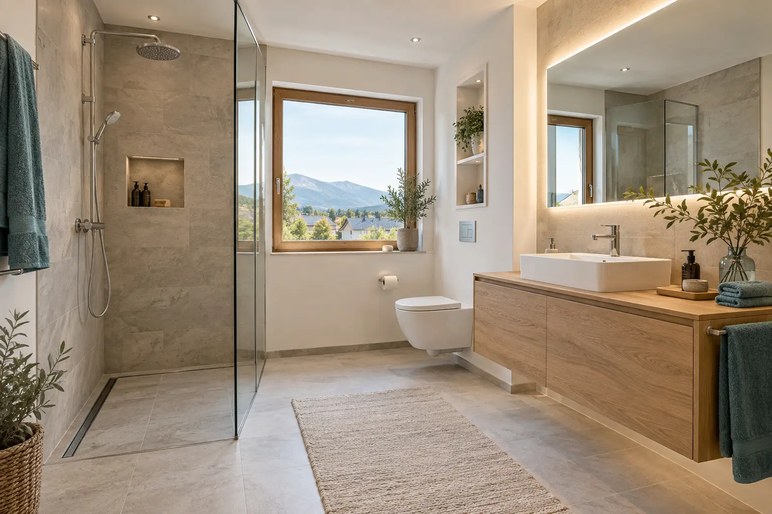 Modernes Badezimmer mit bodengleicher Dusche und Waschtisch