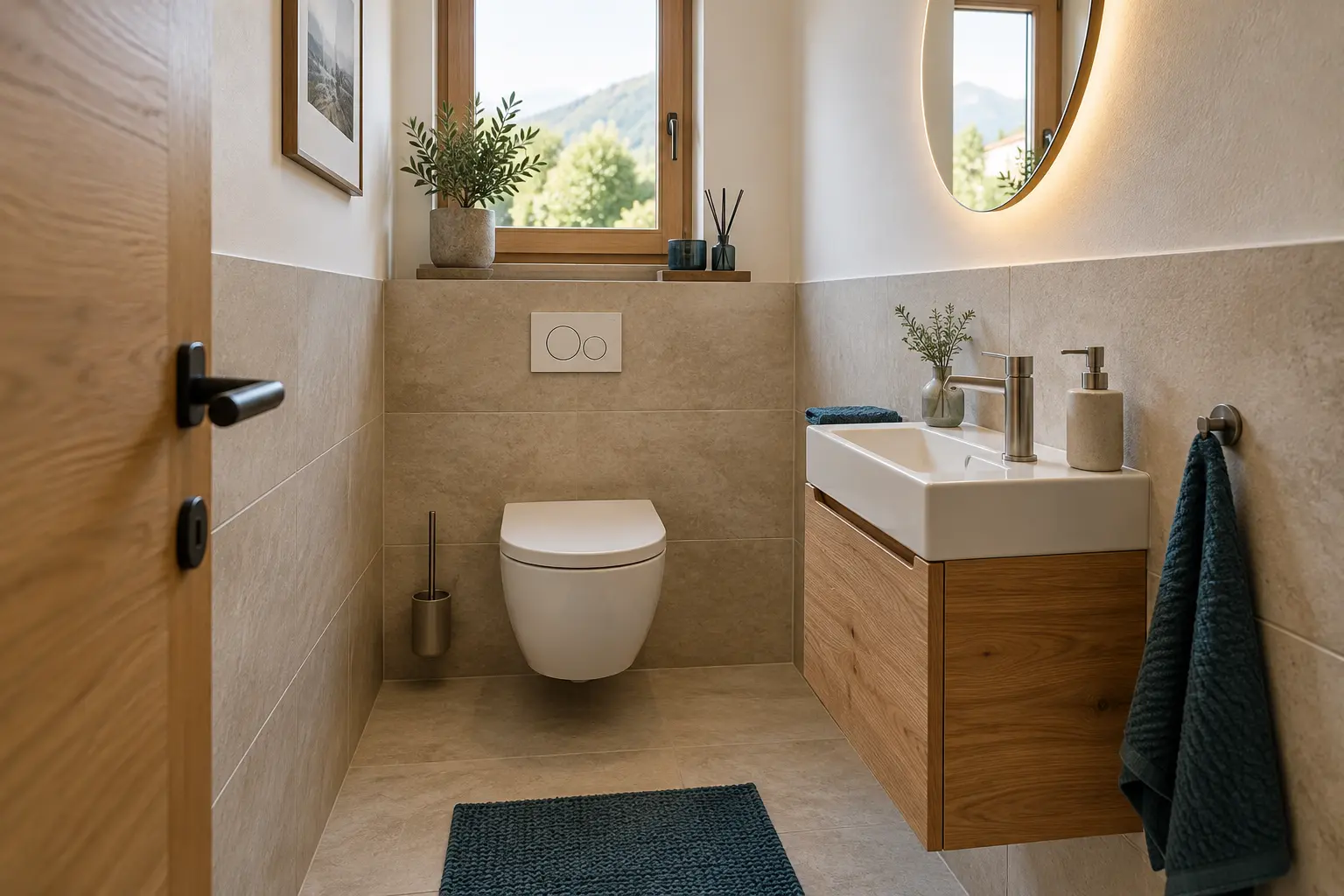 Modernes Gäste-WC mit wandhängendem WC und Waschtisch